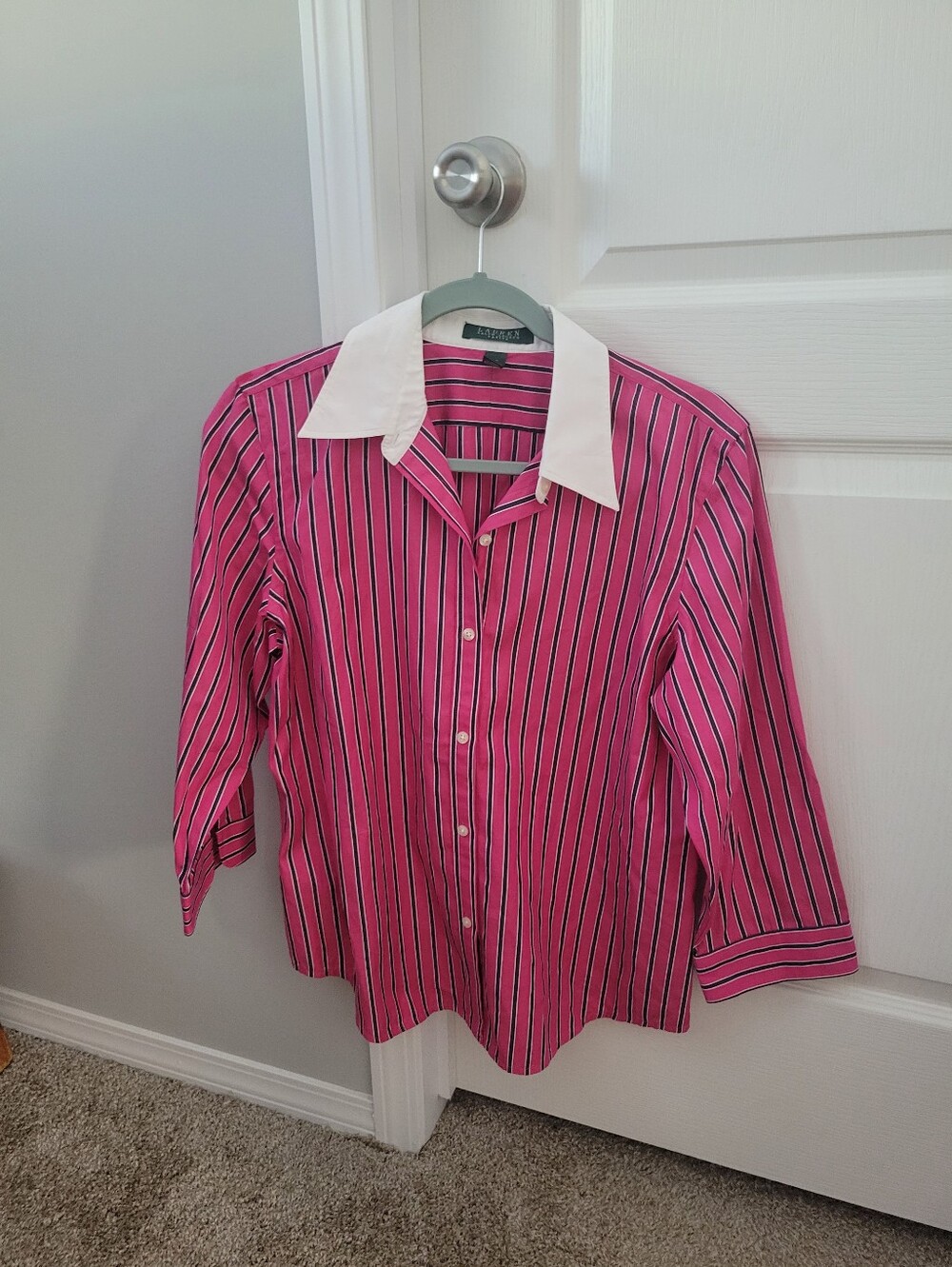 Lauren Ralph Lauren Pink Striped Button-Up Shirt with White Collar